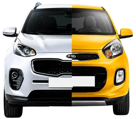 A small SUV, half white and half yellow